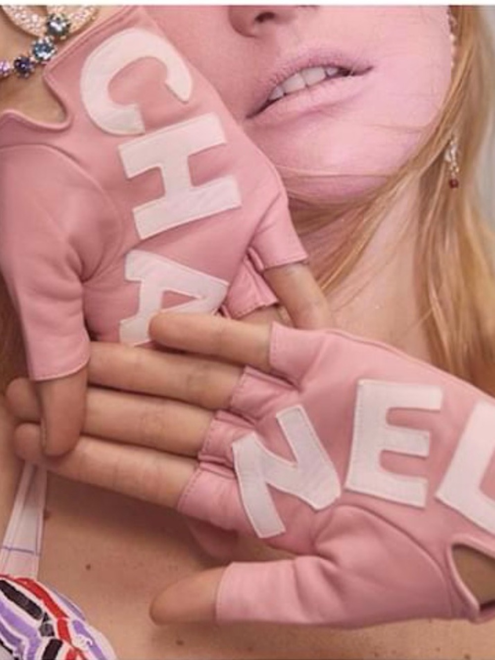 CHANEL Letters Pink White Leather Fingerless Gloves 7.5